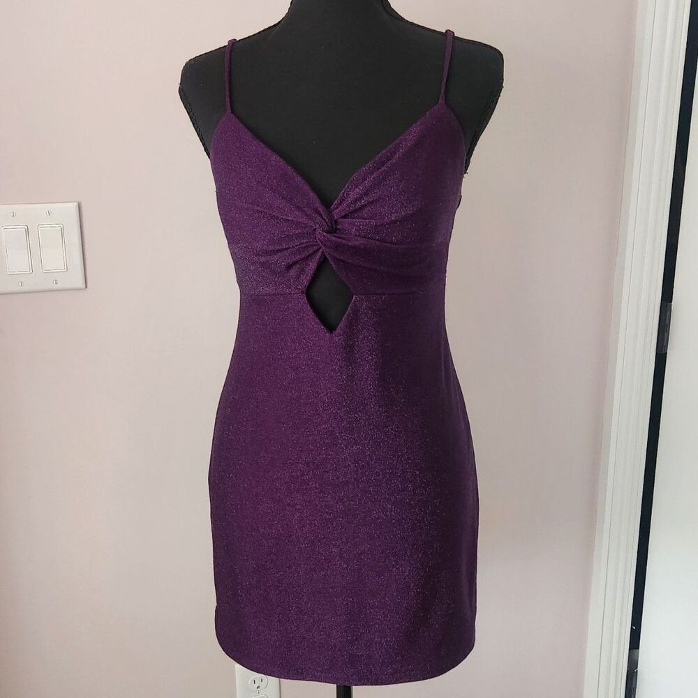 Like New Purple Glitter Adjustable Spaghetti Strap V Neck Short Party Mini Dress